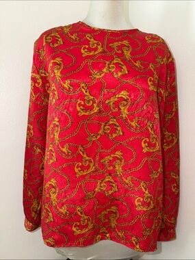 Bobbie Brooks red gold chain print shirt top blouse medium m vintage